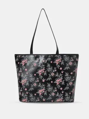 Caprese Snow Printed Large Black Laptop Tote Bag