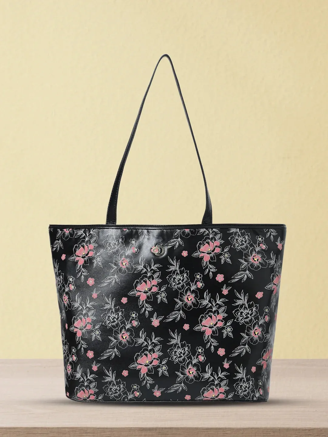 Caprese Snow Printed Large Black Laptop Tote Bag