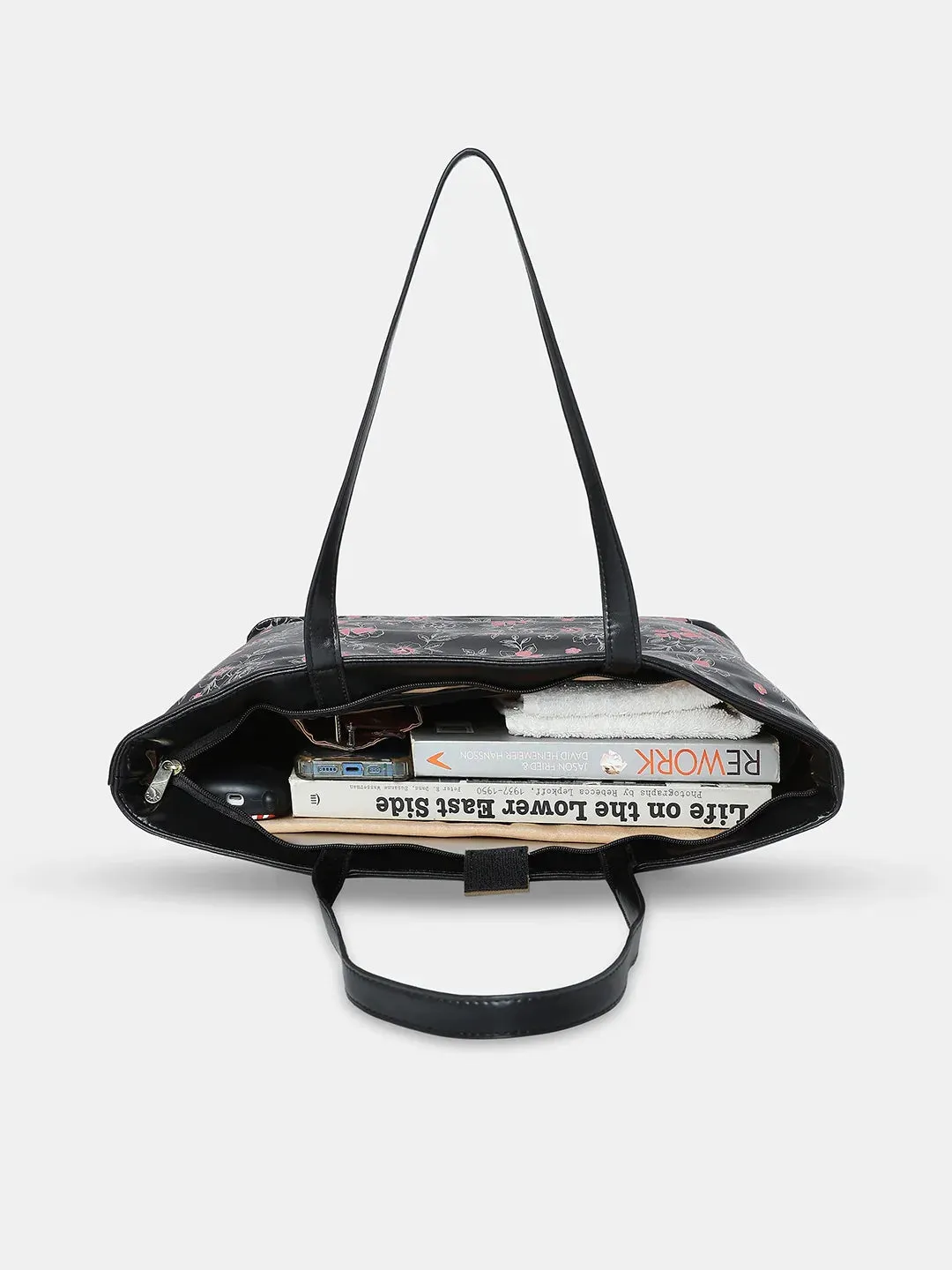 Caprese Snow Printed Large Black Laptop Tote Bag