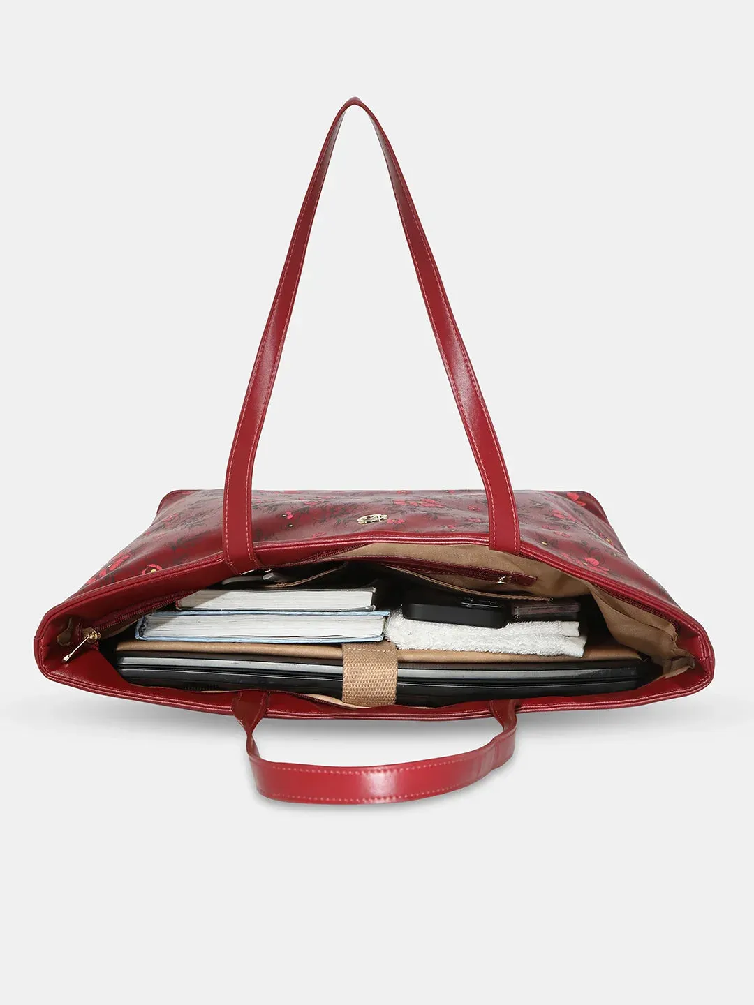 Caprese Snow Printed Large Maroon Laptop Tote