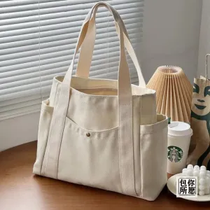 Casual Canvas Tote Bag with Multi-Pocket Design – Versatile Shopper / Student Bag for Everyday Use