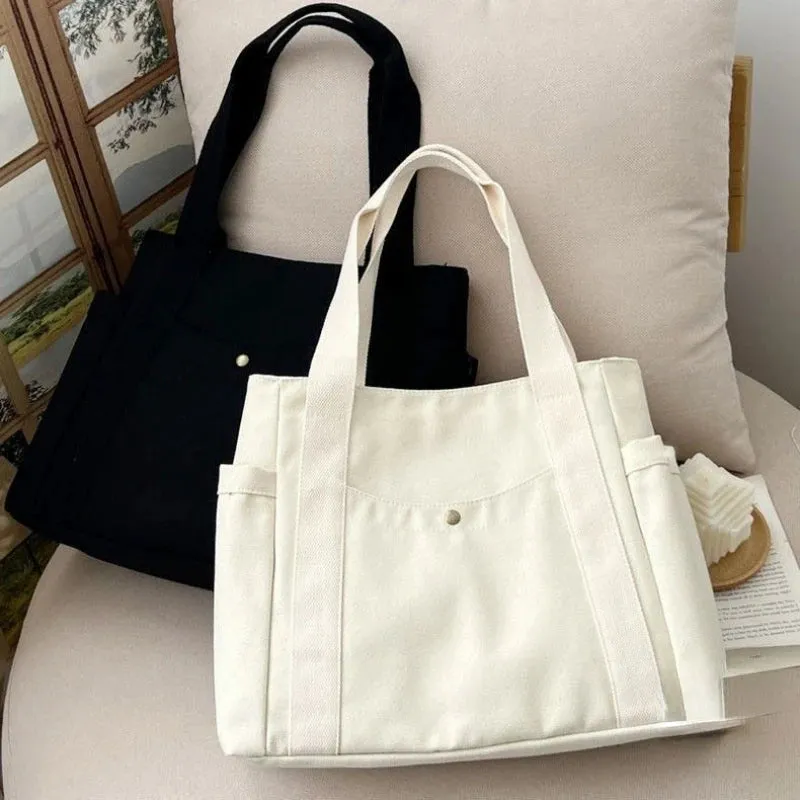 Casual Canvas Tote Bag with Multi-Pocket Design – Versatile Shopper / Student Bag for Everyday Use