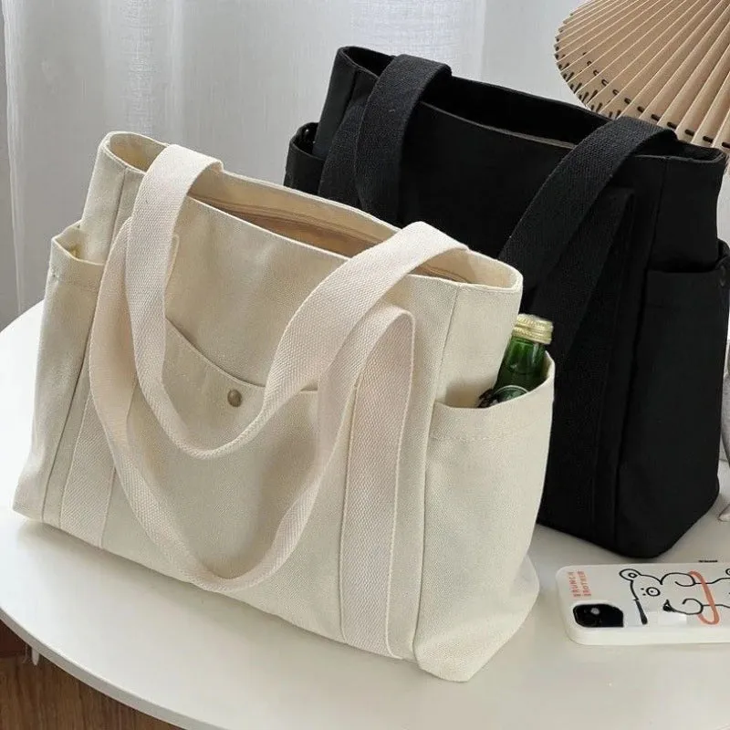 Casual Canvas Tote Bag with Multi-Pocket Design – Versatile Shopper / Student Bag for Everyday Use