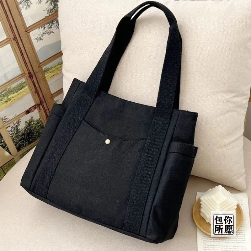 Casual Canvas Tote Bag with Multi-Pocket Design – Versatile Shopper / Student Bag for Everyday Use