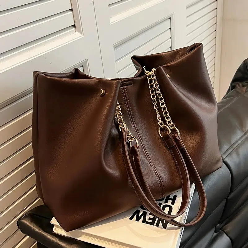 Chain Handles Leather Tote Bag