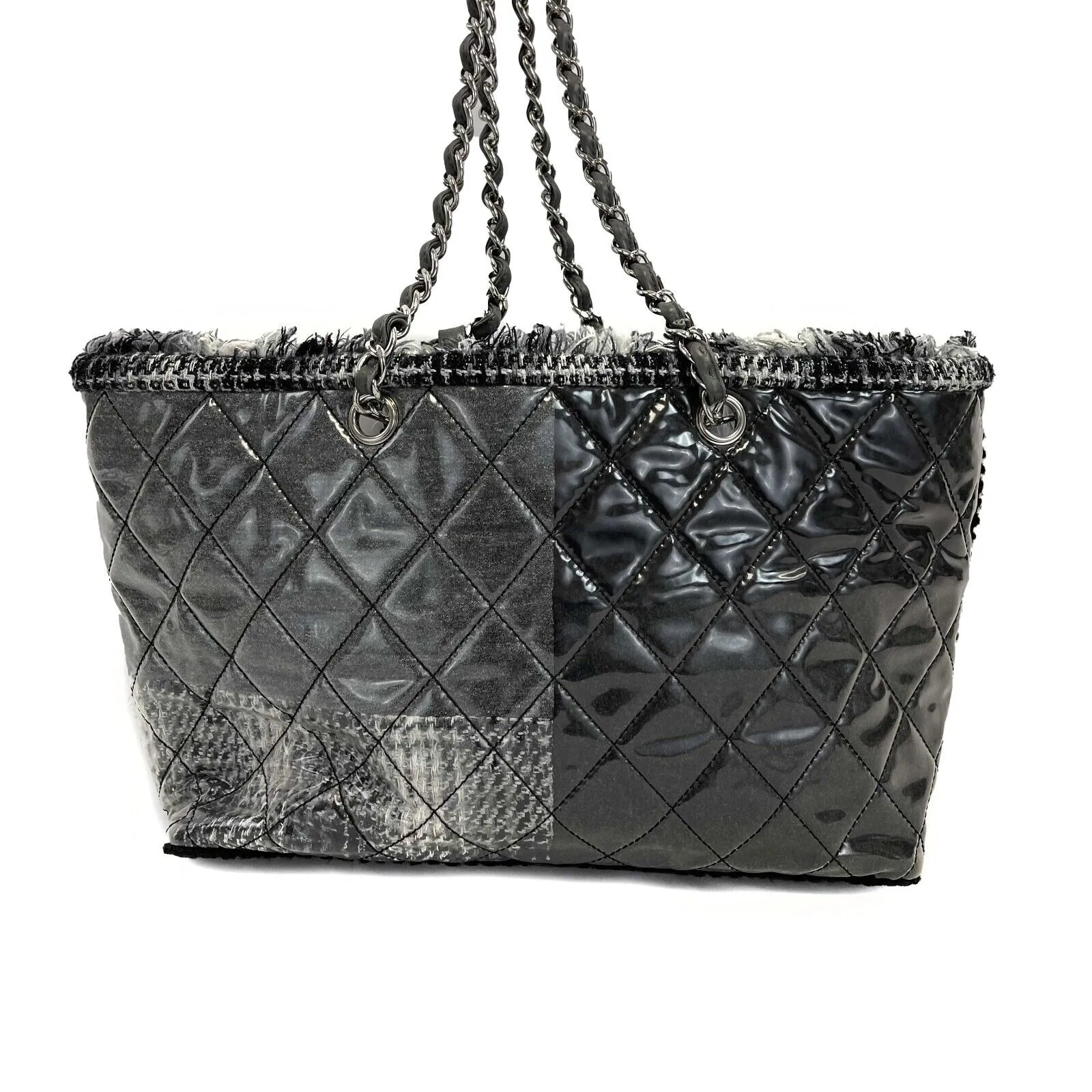 CHANEL - Vinyl Quilted Funny Tweed Tote Grey Silver Patchwork Shoulder Bag