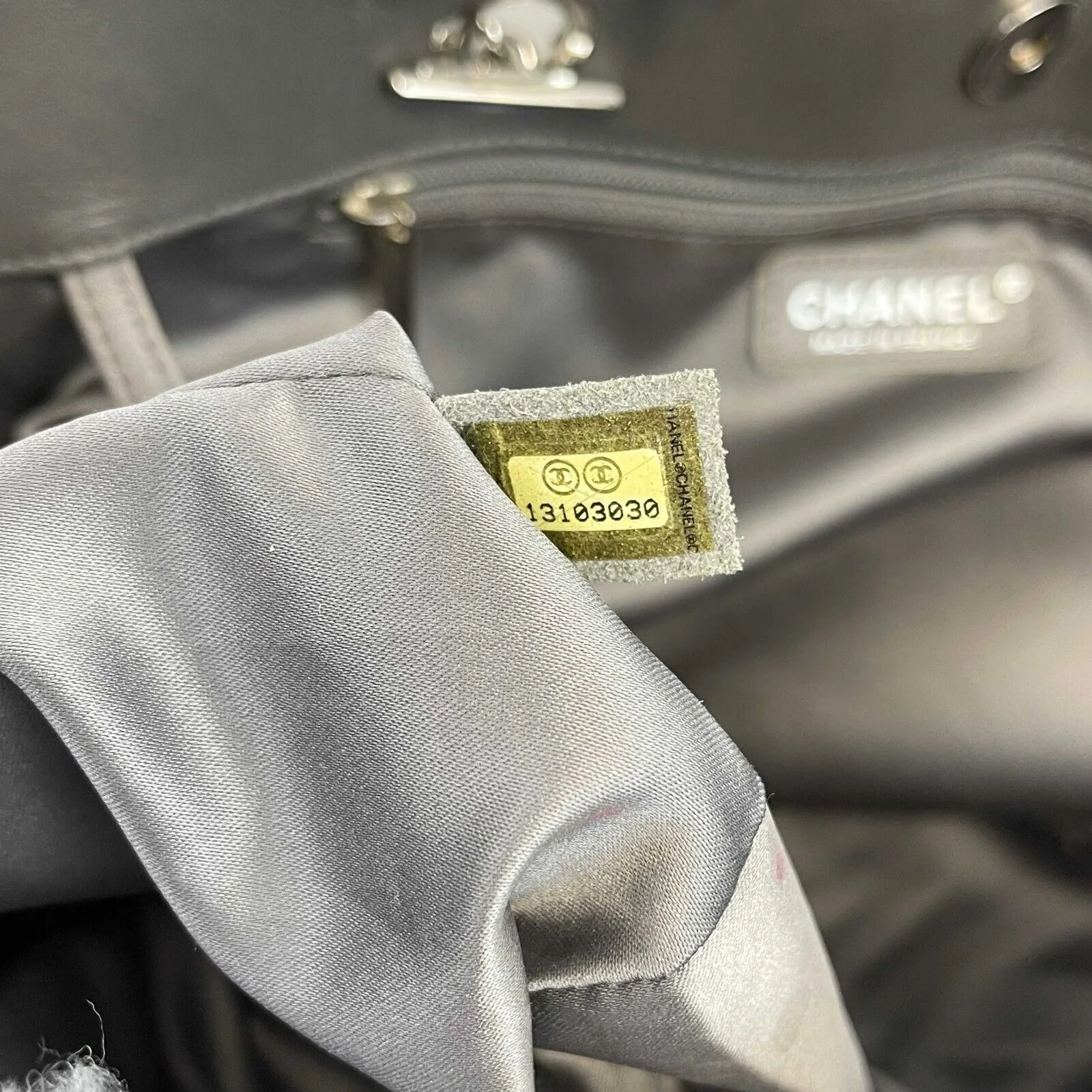 CHANEL - Vinyl Quilted Funny Tweed Tote Grey Silver Patchwork Shoulder Bag