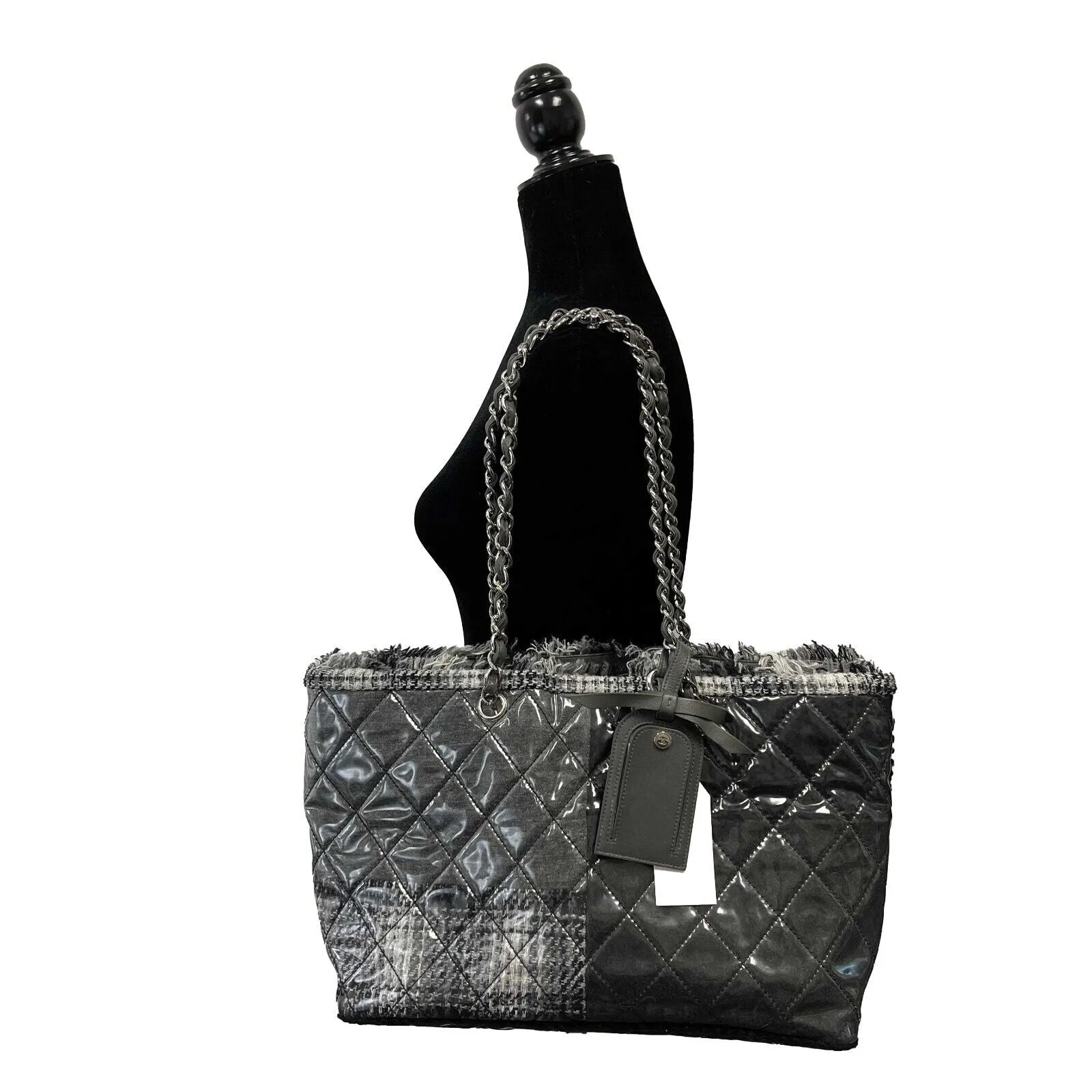 CHANEL - Vinyl Quilted Funny Tweed Tote Grey Silver Patchwork Shoulder Bag