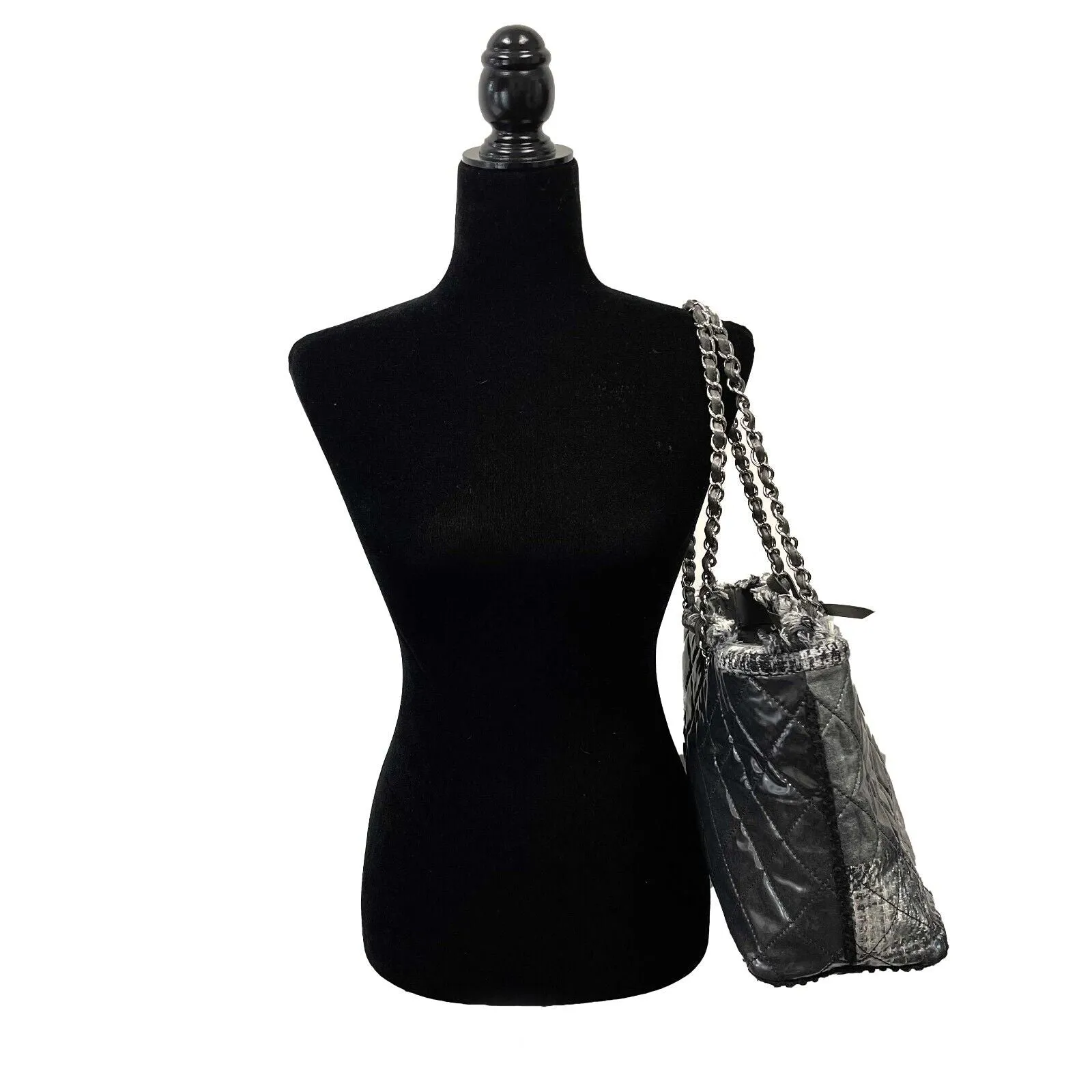 CHANEL - Vinyl Quilted Funny Tweed Tote Grey Silver Patchwork Shoulder Bag