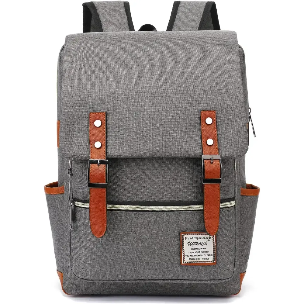 Charcoal Canvas Laptop Backpack with Leather Shoulder Straps