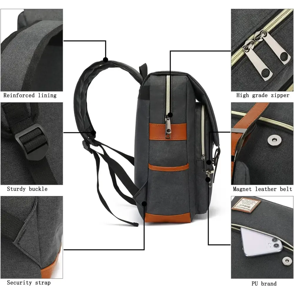 Charcoal Canvas Laptop Backpack with Leather Shoulder Straps