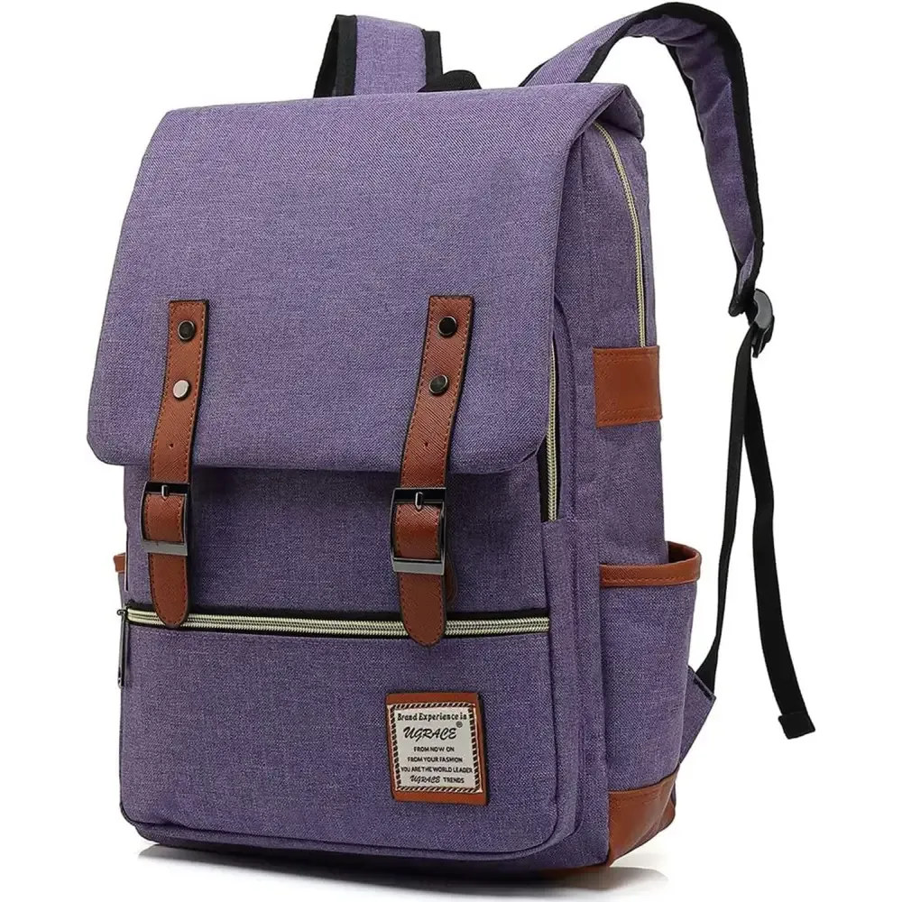 Charcoal Canvas Laptop Backpack with Leather Shoulder Straps