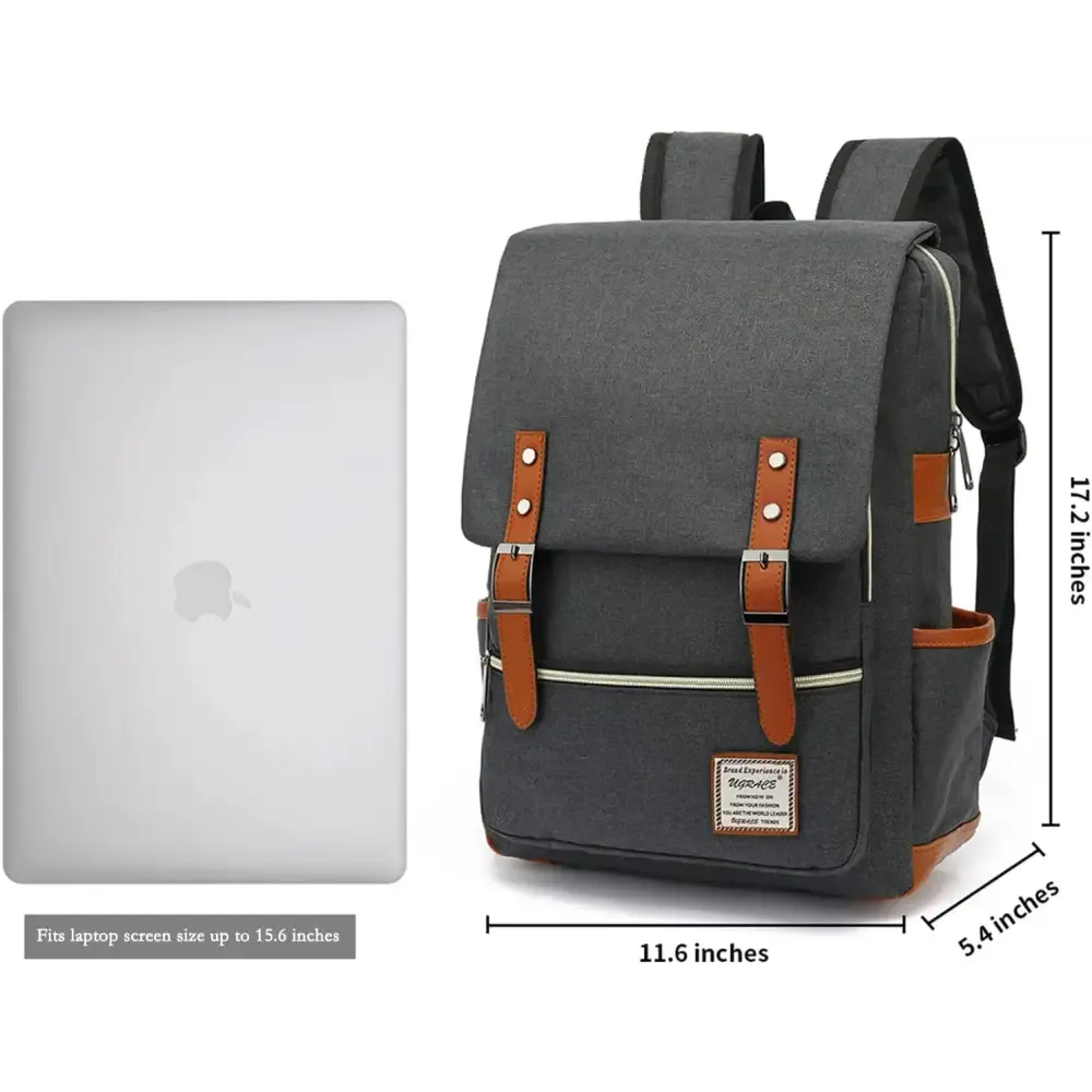 Charcoal Canvas Laptop Backpack with Leather Shoulder Straps
