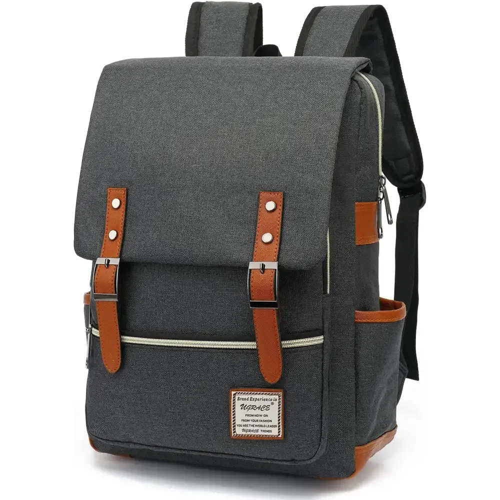 Charcoal Canvas Laptop Backpack with Leather Shoulder Straps