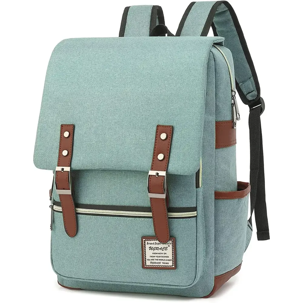 Charcoal Canvas Laptop Backpack with Leather Shoulder Straps
