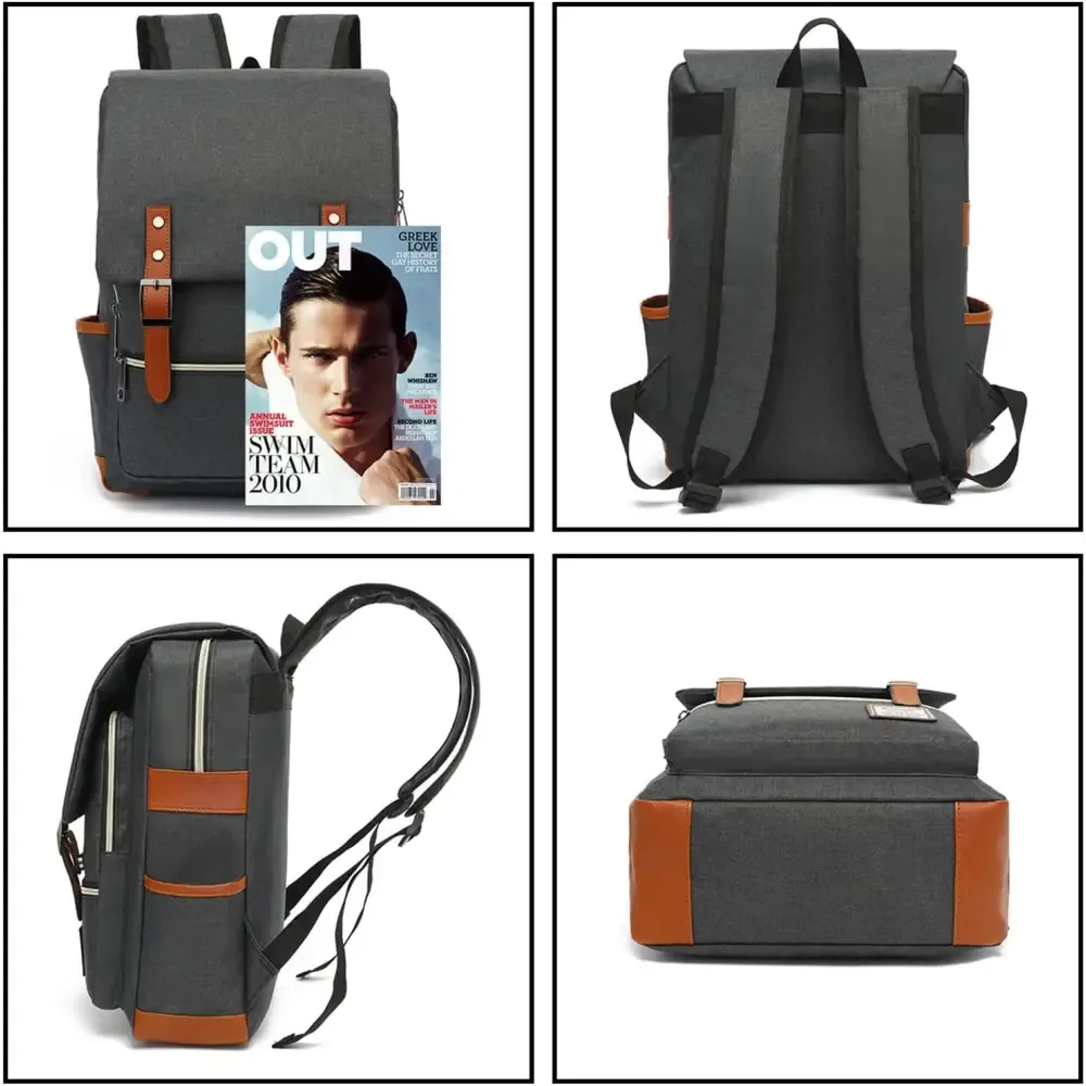 Charcoal Canvas Laptop Backpack with Leather Shoulder Straps
