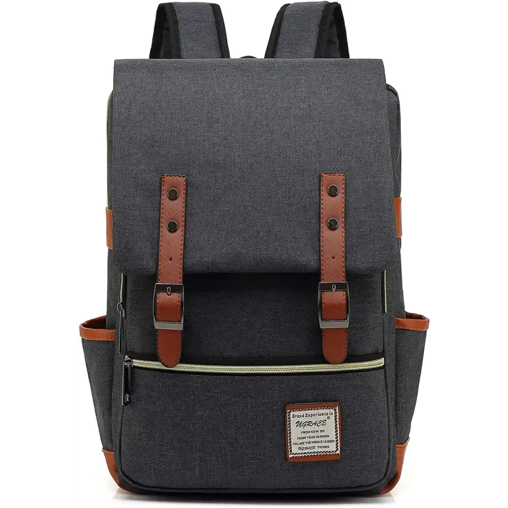 Charcoal Canvas Laptop Backpack with Leather Shoulder Straps