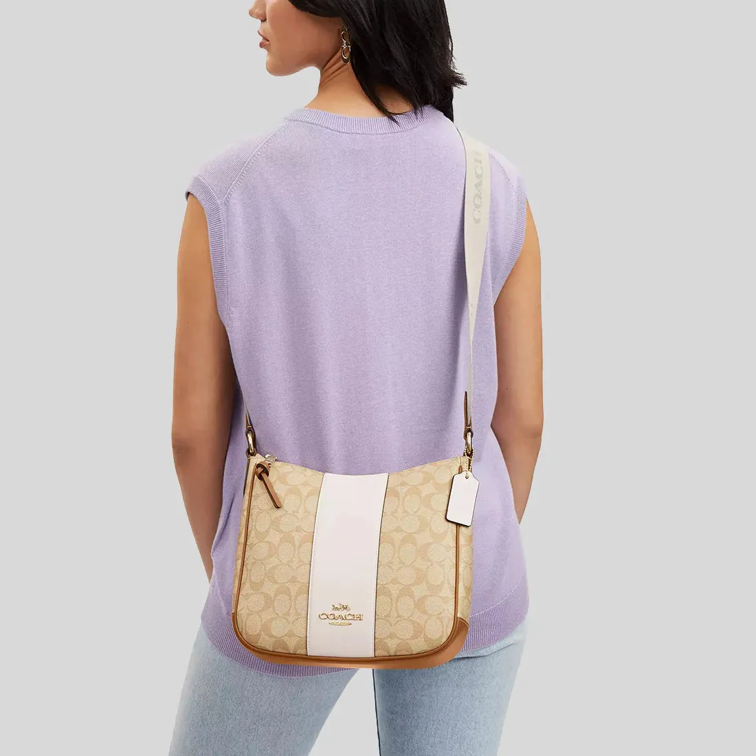 COACH Ellie File Bag In Signature Canvas With Stripe Light Khaki/Chalk RS-CR124