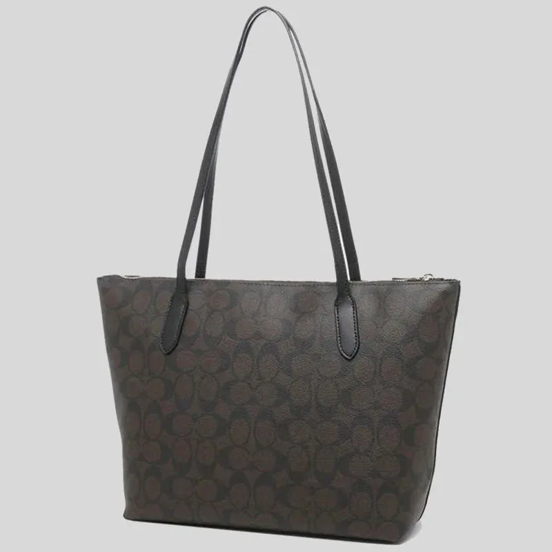 Coach Zip Top Tote In Signature Canvas Brown Black RS-4455