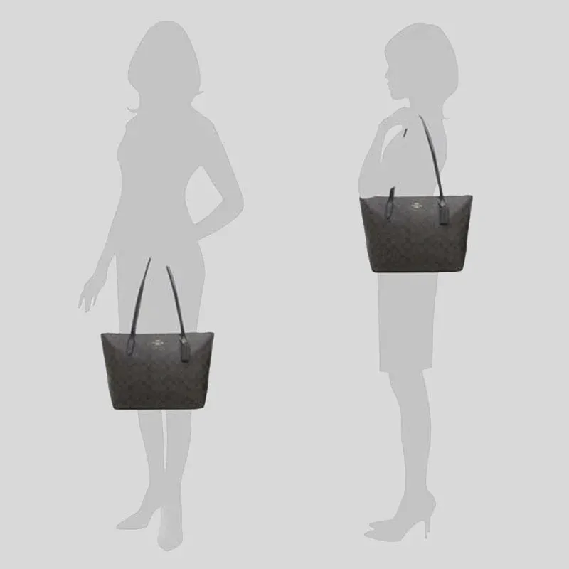 Coach Zip Top Tote In Signature Canvas Brown Black RS-4455