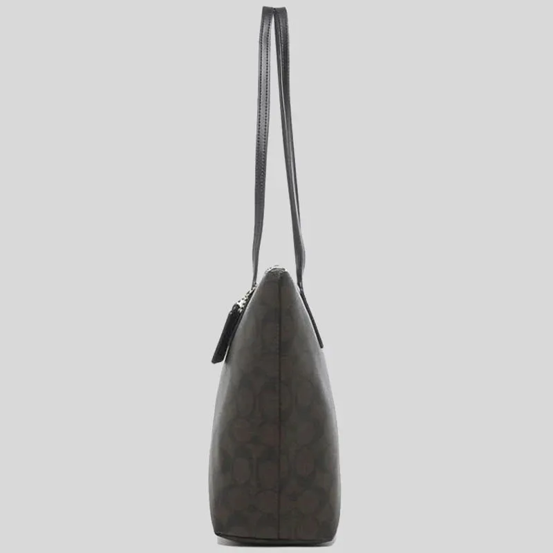 Coach Zip Top Tote In Signature Canvas Brown Black RS-4455