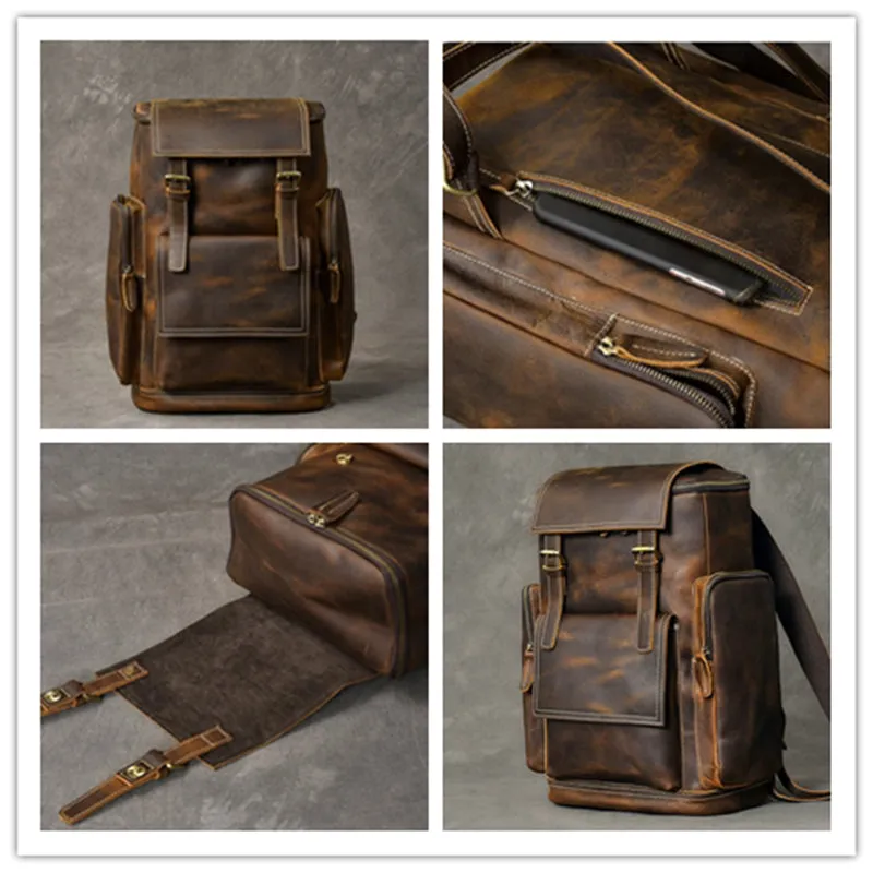 Crazy Horse Leather Men Backpack Vintage Laptop Backpack Travel Backpack ESS468