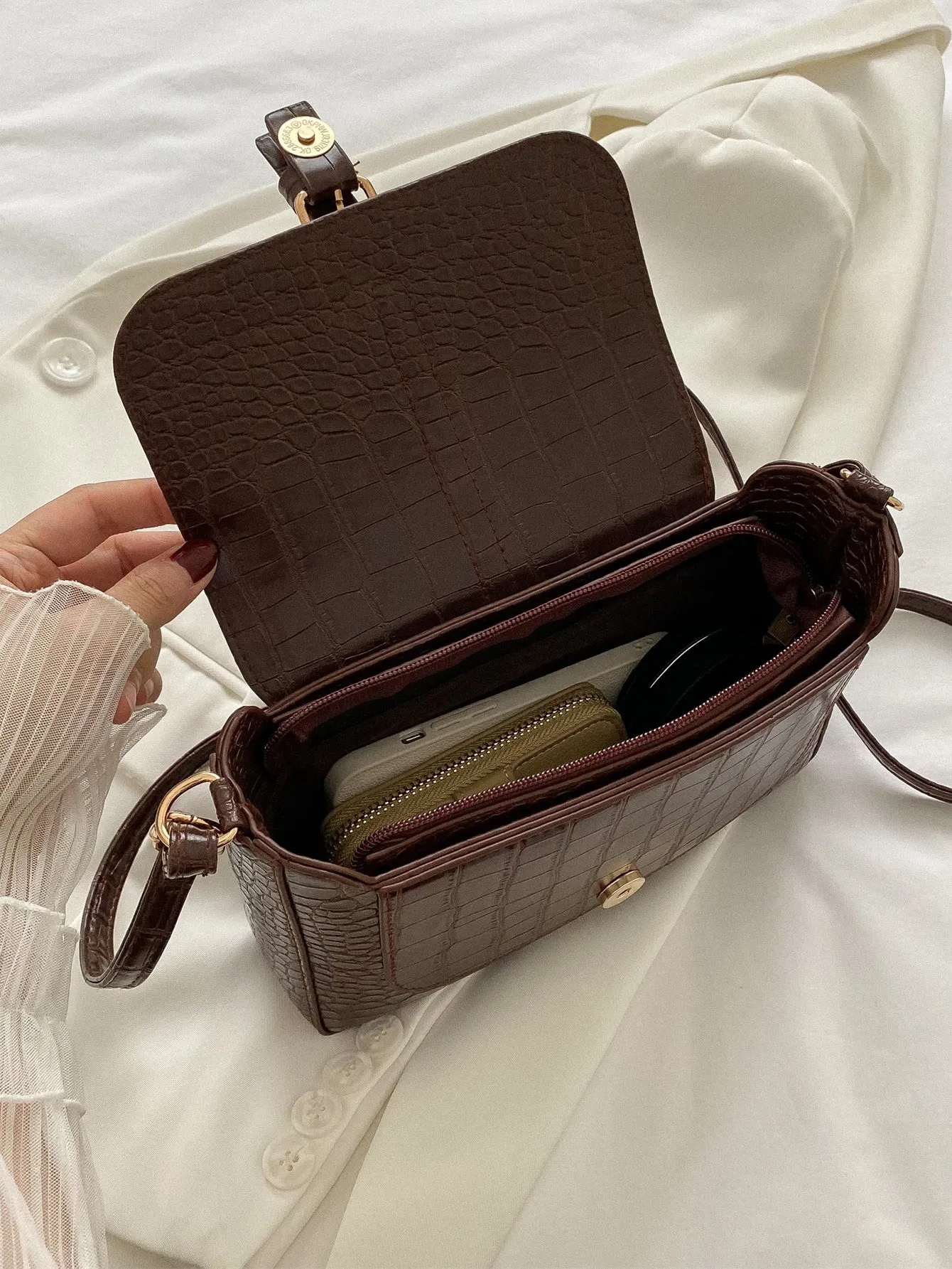 Crocodile Embossed Buckle Decor Flap Square Bag - Chocolate Brown