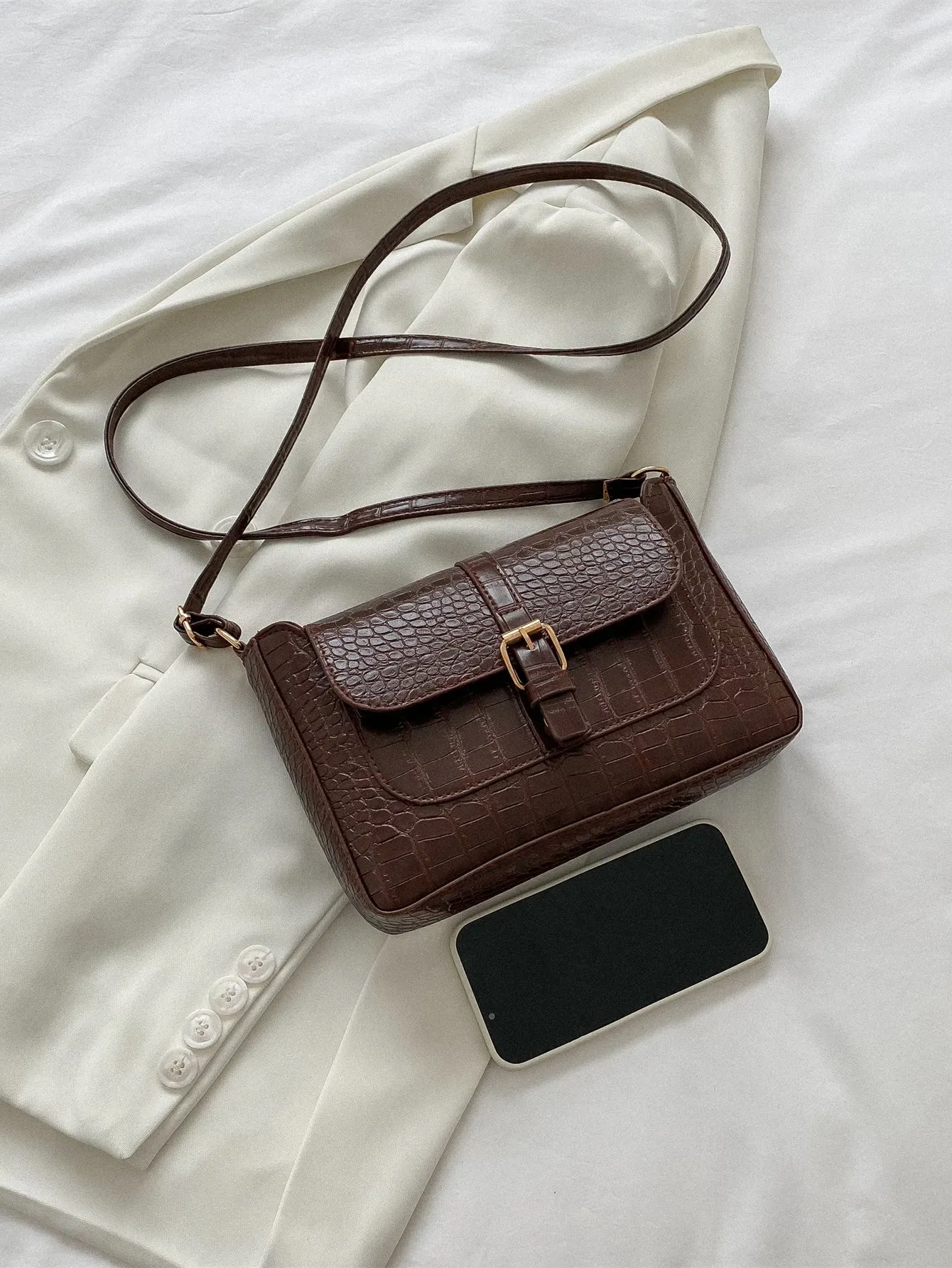 Crocodile Embossed Buckle Decor Flap Square Bag - Chocolate Brown