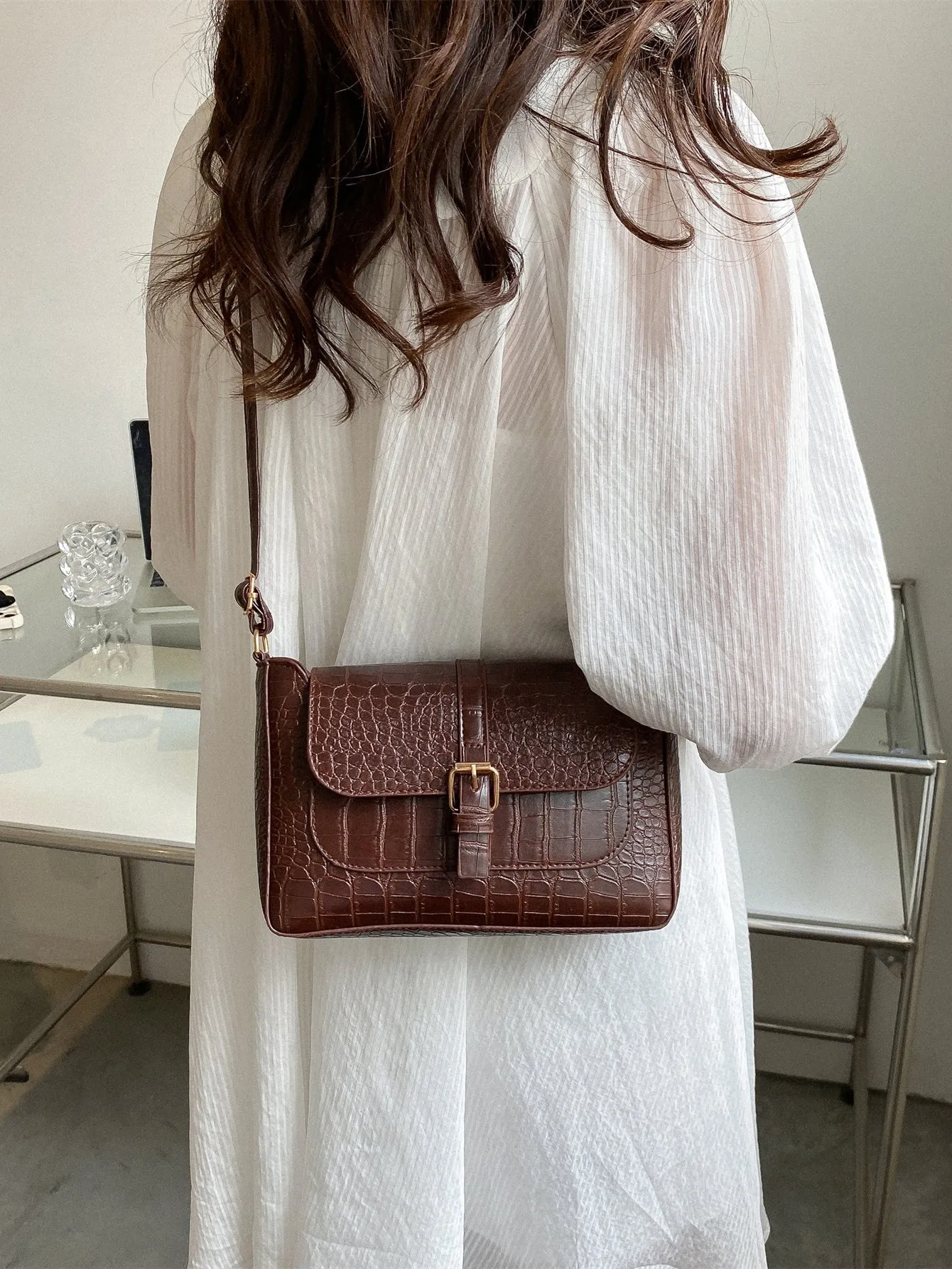 Crocodile Embossed Buckle Decor Flap Square Bag - Chocolate Brown