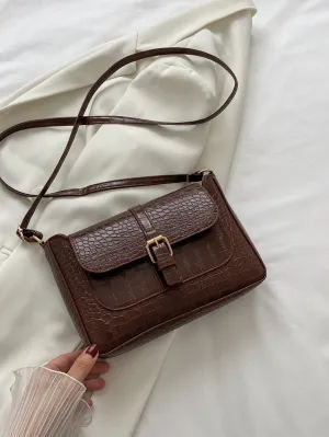 Crocodile Embossed Buckle Decor Flap Square Bag - Chocolate Brown