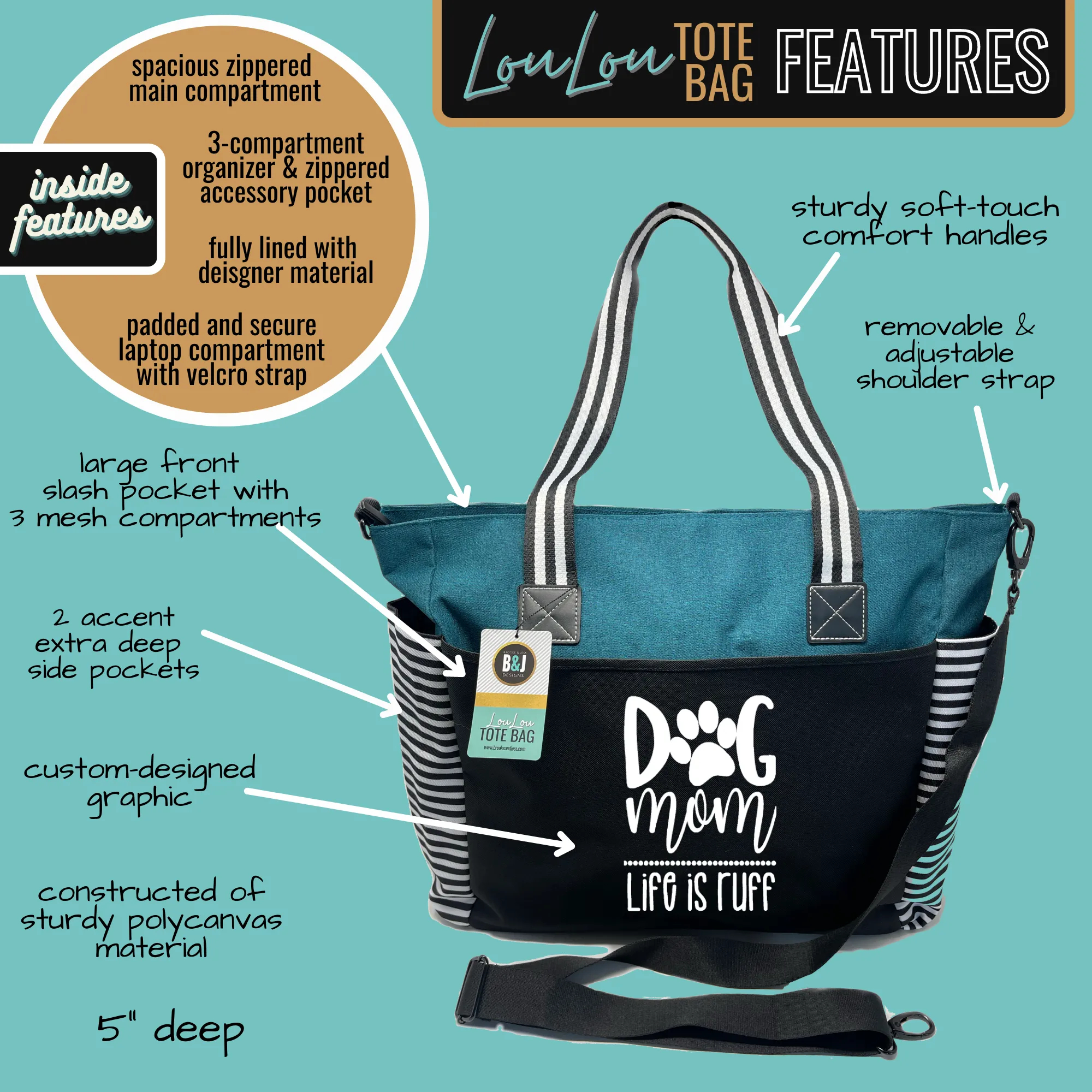 Dog Mom LouLou Teal Tote Bag