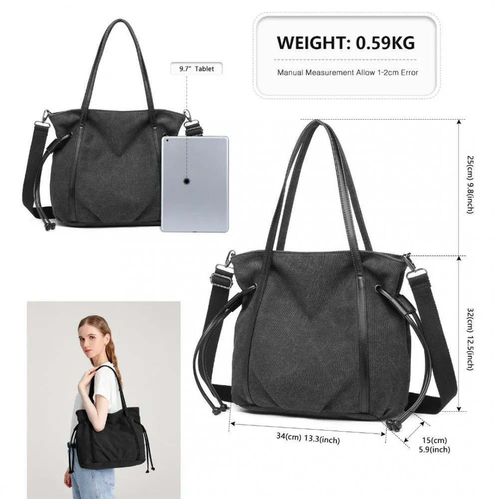 Eh2220 - Kono Large Capacity Canvas And Leather Fusion Shoulder Tote Bag - Black