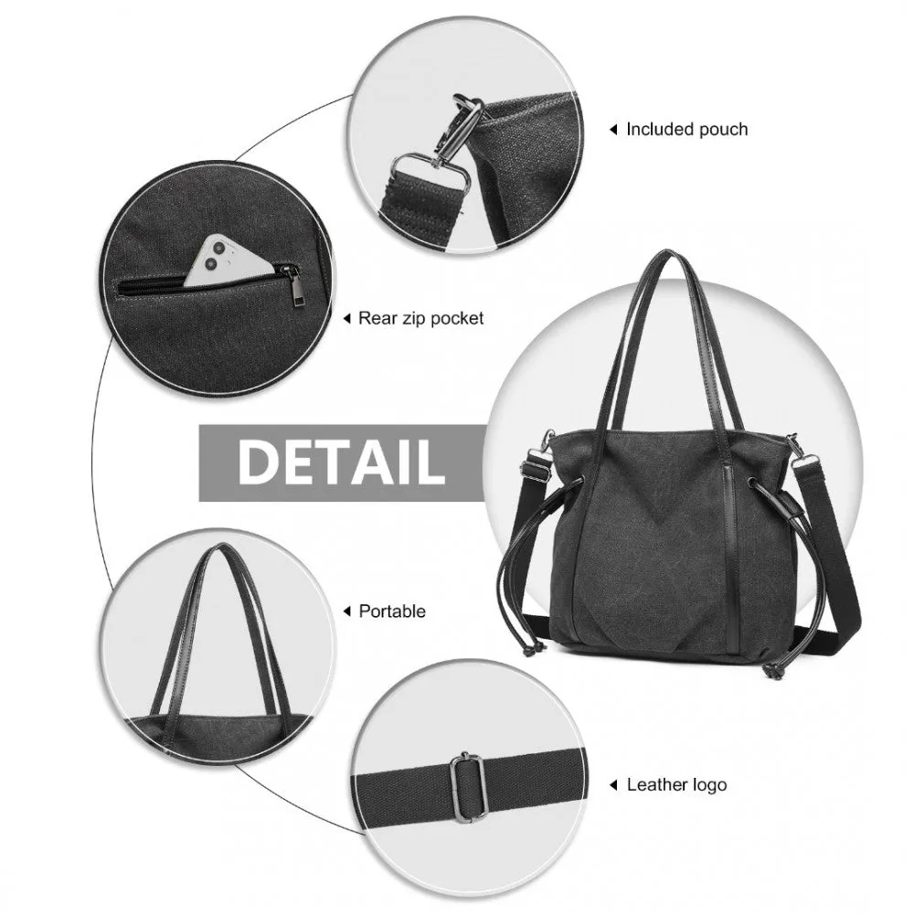 Eh2220 - Kono Large Capacity Canvas And Leather Fusion Shoulder Tote Bag - Black