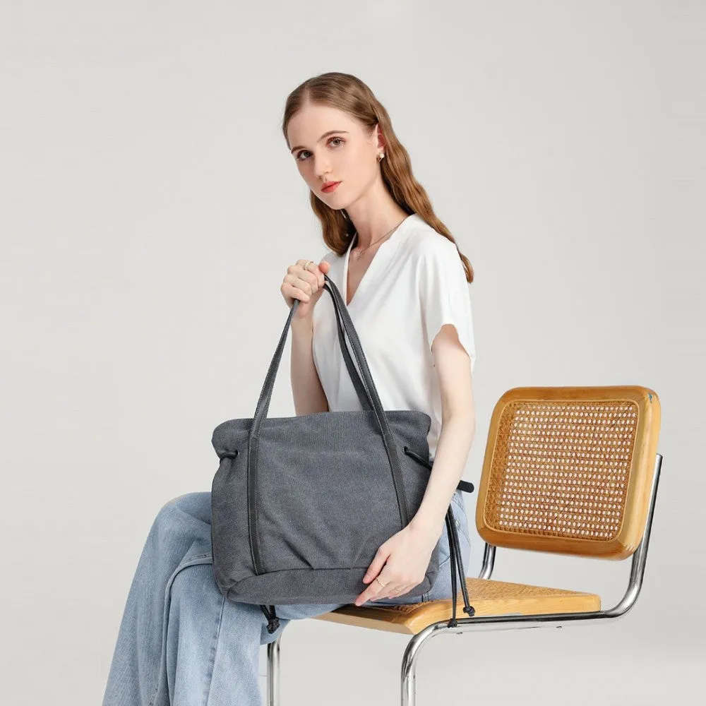 Eh2220 - Kono Large Capacity Canvas And Leather Fusion Shoulder Tote Bag - Black