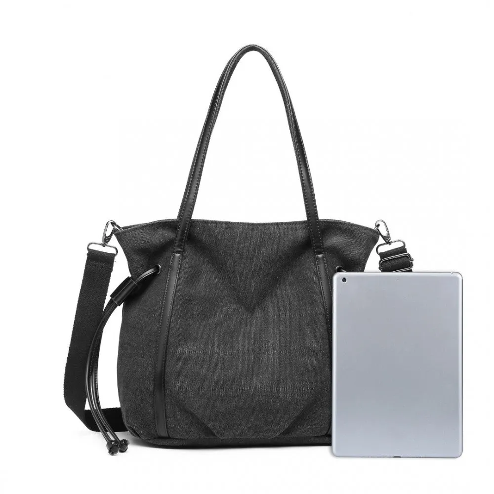 Eh2220 - Kono Large Capacity Canvas And Leather Fusion Shoulder Tote Bag - Black