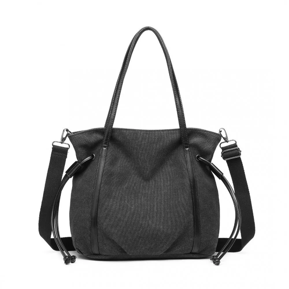 Eh2220 - Kono Large Capacity Canvas And Leather Fusion Shoulder Tote Bag - Black