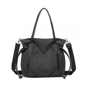 Eh2220 - Kono Large Capacity Canvas And Leather Fusion Shoulder Tote Bag - Black