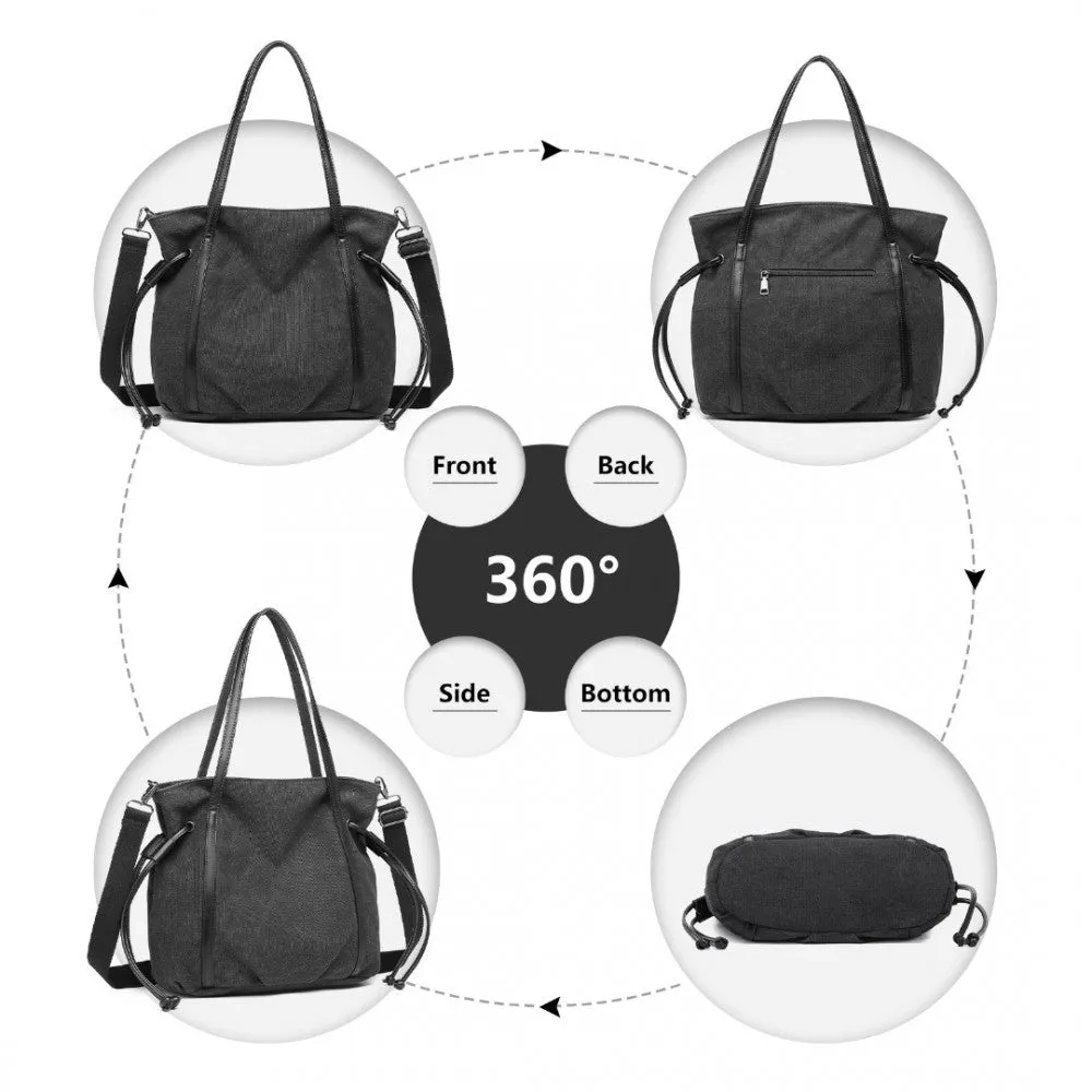 Eh2220 - Kono Large Capacity Canvas And Leather Fusion Shoulder Tote Bag - Black