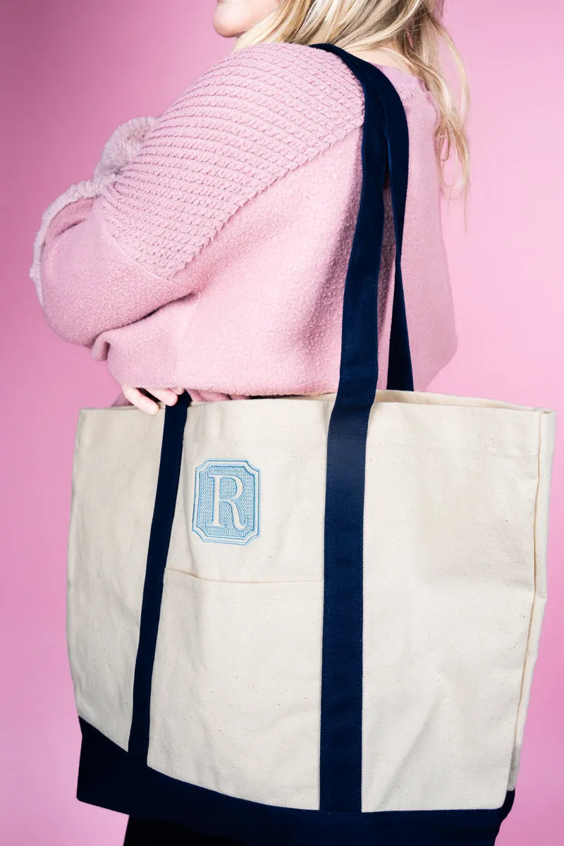 Embroidered Bordered Monogram Canvas Boat Tote *Choose Your Initial and Thread Color