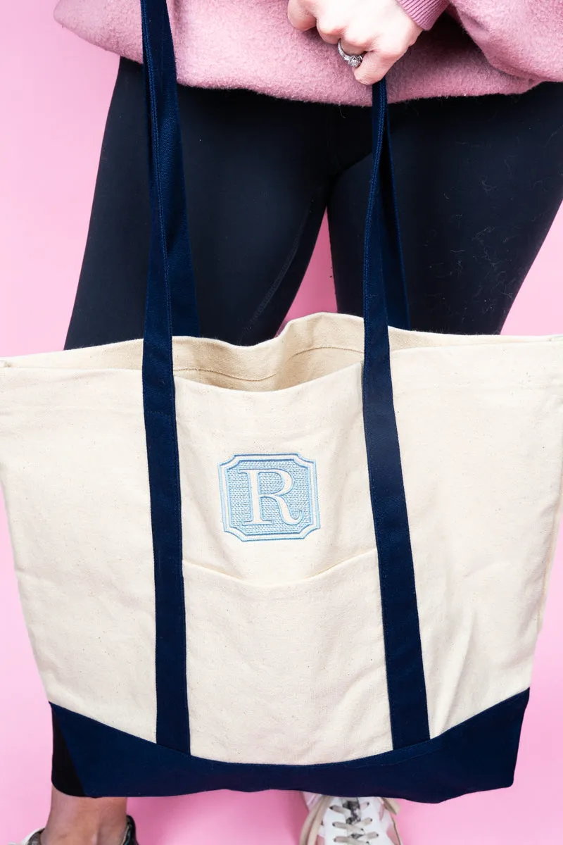 Embroidered Bordered Monogram Canvas Boat Tote *Choose Your Initial and Thread Color