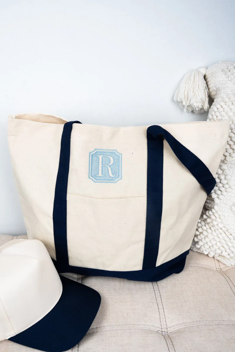Embroidered Bordered Monogram Canvas Boat Tote *Choose Your Initial and Thread Color