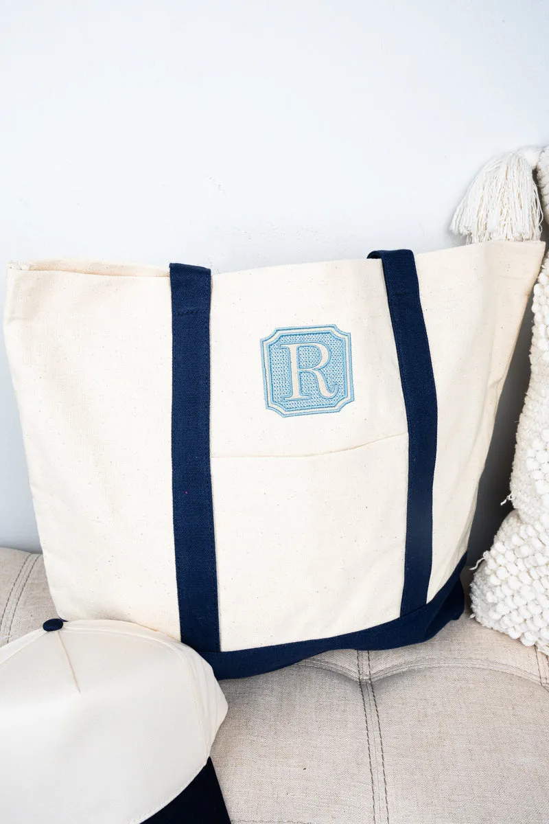 Embroidered Bordered Monogram Canvas Boat Tote *Choose Your Initial and Thread Color