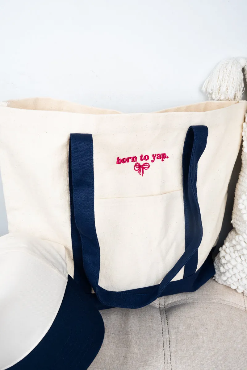 Embroidered Born To Yap Coquette Canvas Boat Tote *Choose Thread Color