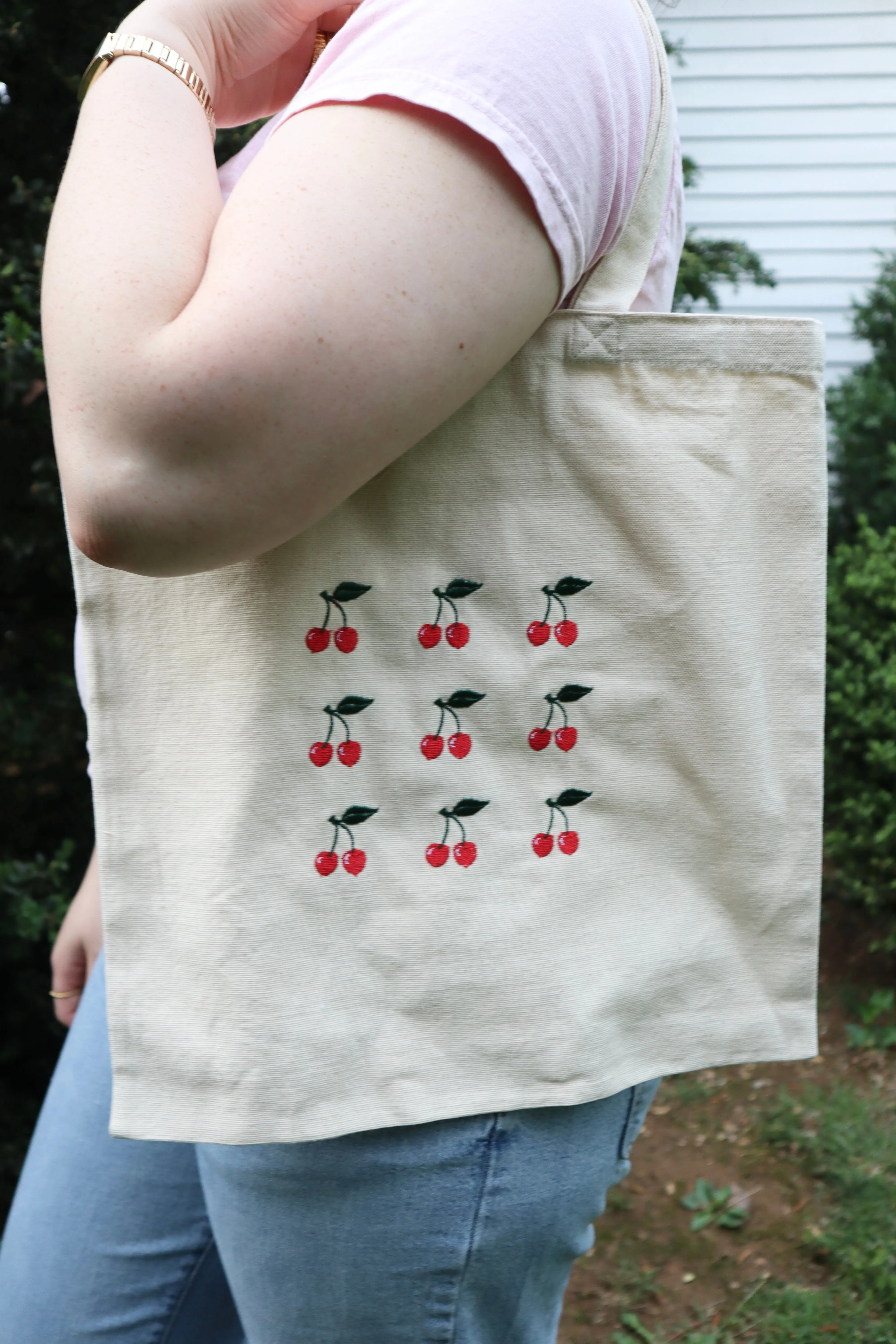 Embroidered Cherries Natural Canvas Tote Bag