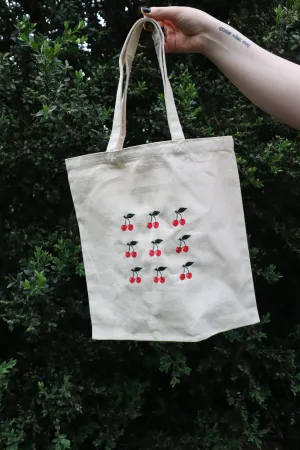 Embroidered Cherries Natural Canvas Tote Bag