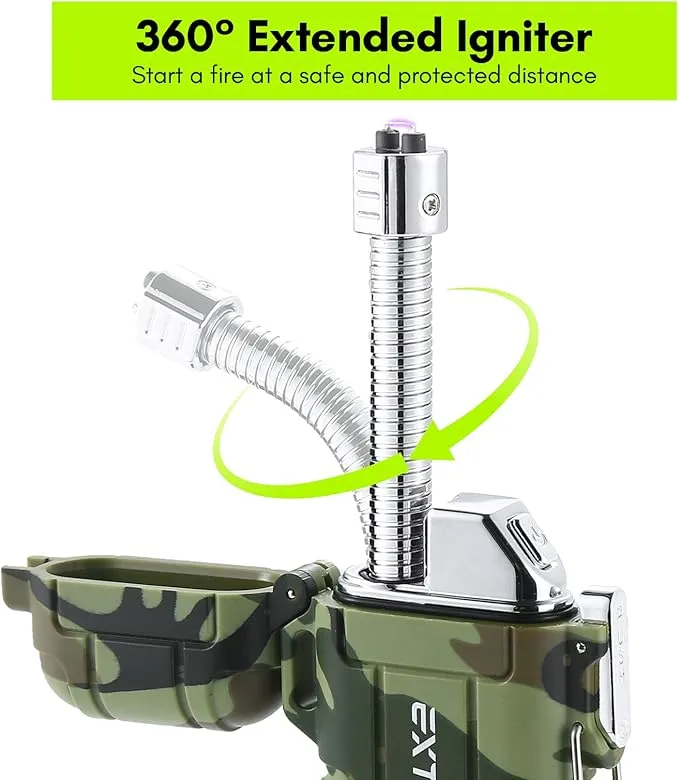 Extremus Blaze 360 Rechargeable Electric Lighters, Dual Arc Lighter, Windproof Plasma Lighter, Waterproof Lighter, Flameless Lighter with Whistle Lanyard for Camping (Army Green Flex)