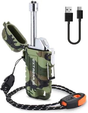Extremus Blaze 360 Rechargeable Electric Lighters, Dual Arc Lighter, Windproof Plasma Lighter, Waterproof Lighter, Flameless Lighter with Whistle Lanyard for Camping (Army Green Flex)