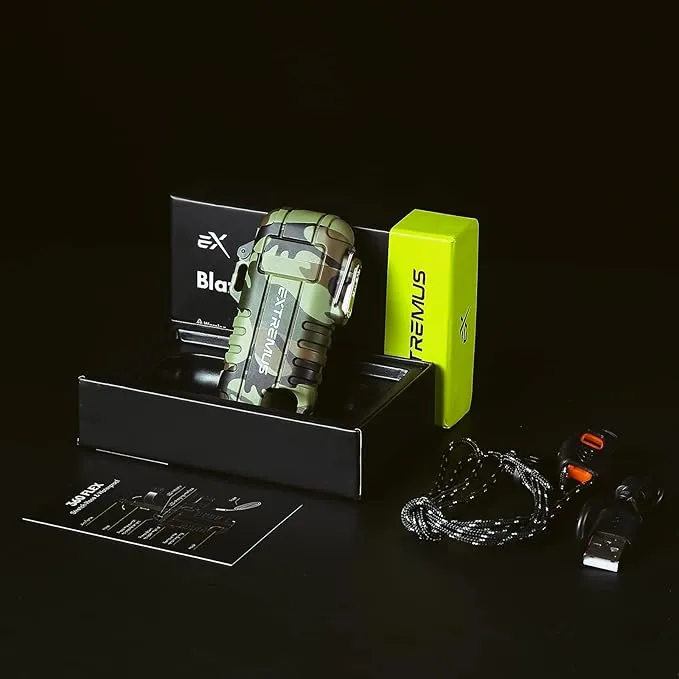 Extremus Blaze 360 Rechargeable Electric Lighters, Dual Arc Lighter, Windproof Plasma Lighter, Waterproof Lighter, Flameless Lighter with Whistle Lanyard for Camping (Army Green Flex)