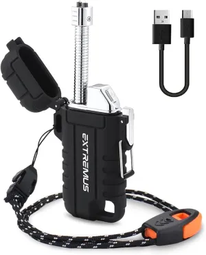 Extremus Blaze 360 Rechargeable Electric Lighters, Dual Arc Lighter, Windproof Plasma Lighter, Waterproof Lighter, Flameless Lighter with Whistle Lanyard for Camping (Black Flex)