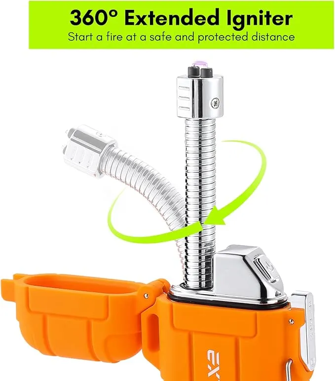Extremus Blaze 360 Rechargeable Electric Lighters, Dual Arc Lighter, Windproof Plasma Lighter, Waterproof Lighter, Flameless Lighter with Whistle Lanyard for Camping (Orange Flex)
